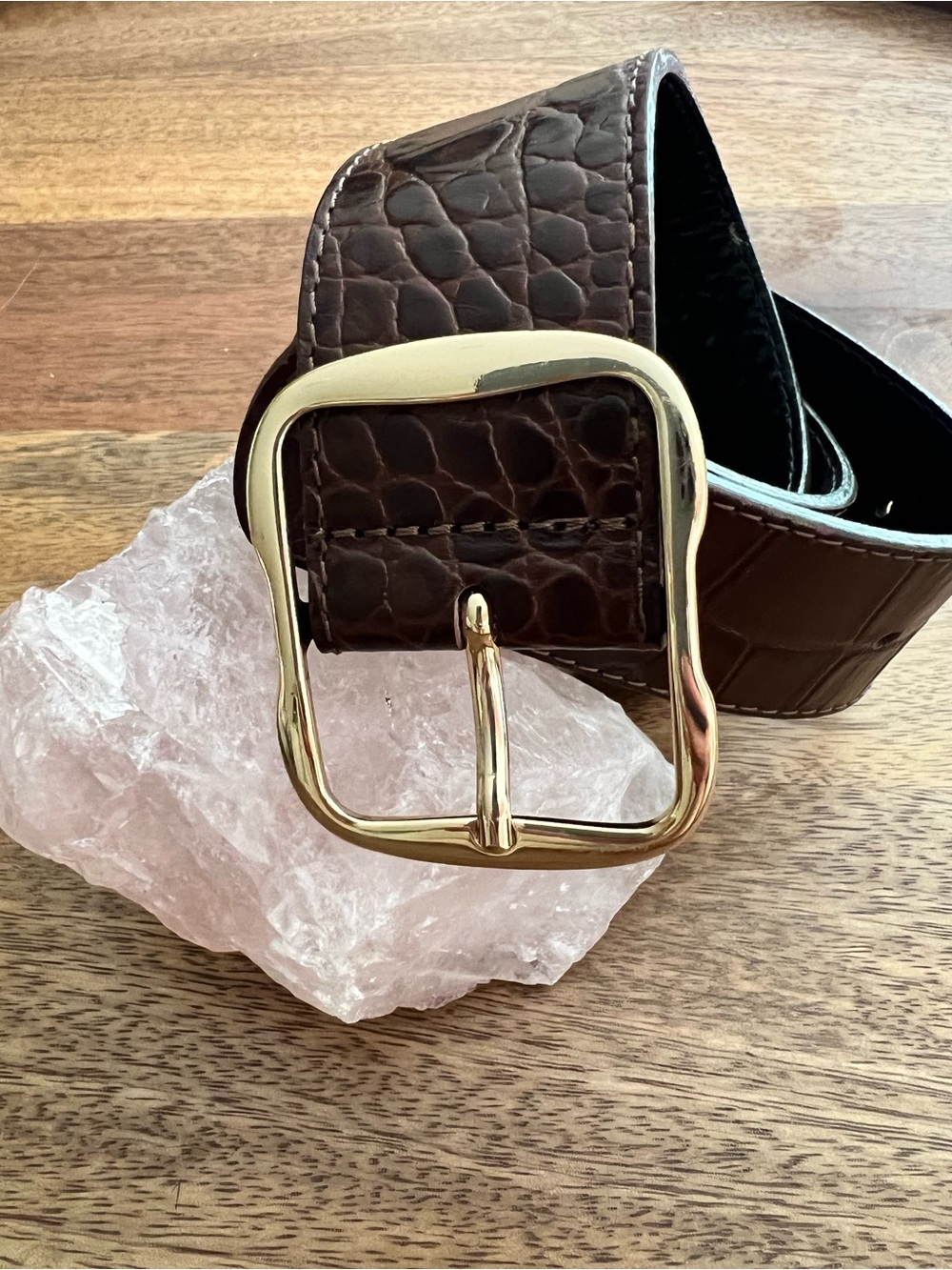 & Other Stories Dark Brown Croc-Embossed Belt with Gold Buckle